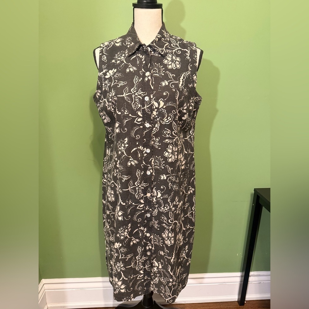 Vintage Talbots Black and Cream Floral Linen shift Dress